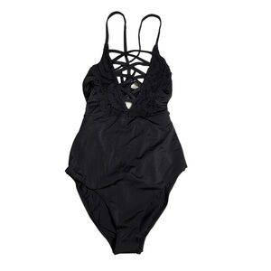 NWOT PilyQ Solid Black Faux Lace Up V Neck One Piece Swimsuit Sz. S